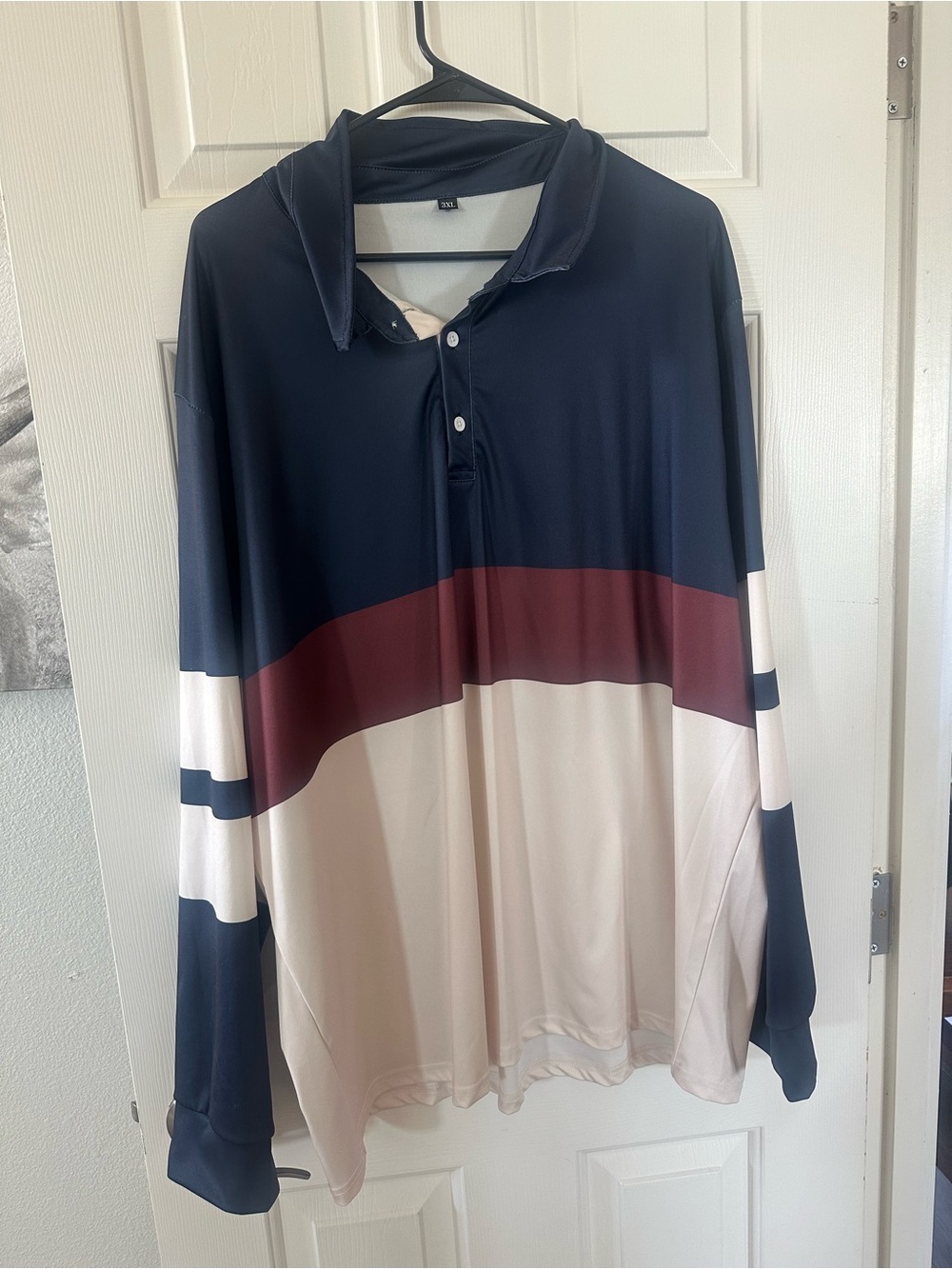 Mens 3XL Navy Burgundy Colorblock Long Sleeve Performance Polo Shirt